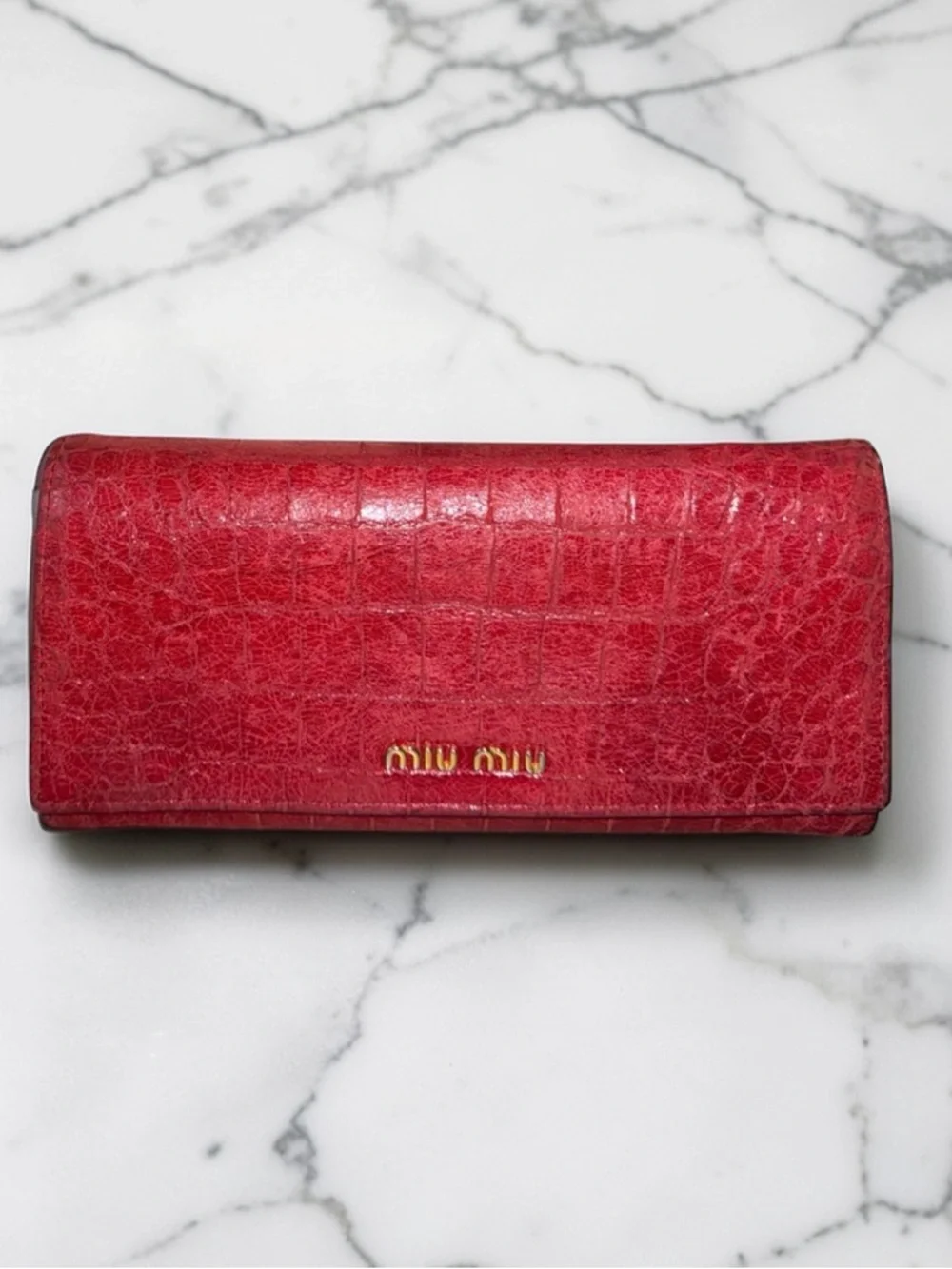 Miu Miu Red Cocco Lux Crocodile Embossed Leather Continental Flap Wallet - Picture 3 of 10